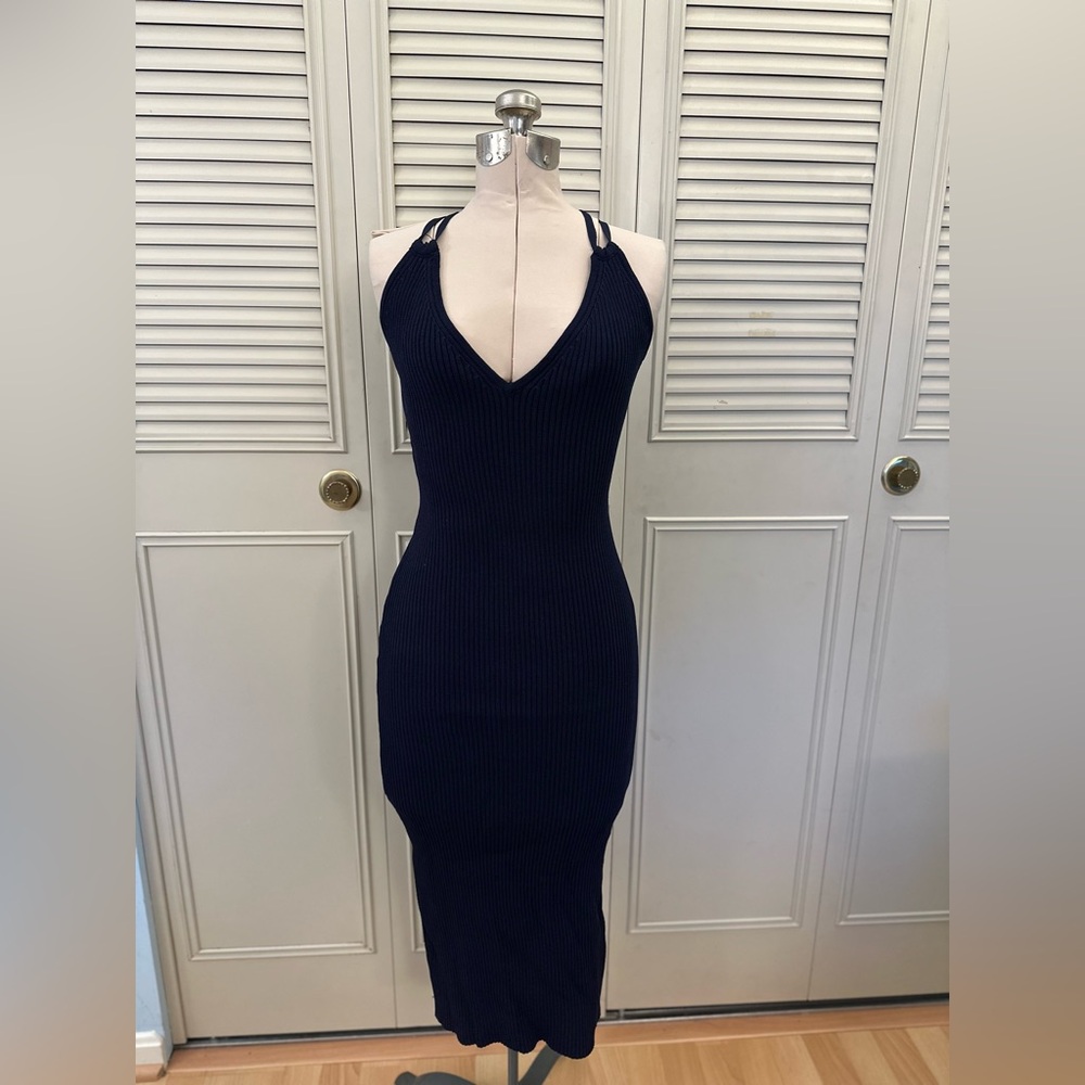 Michael Kors | Navy Blue Ribbed Stretch Knit Midi Dress